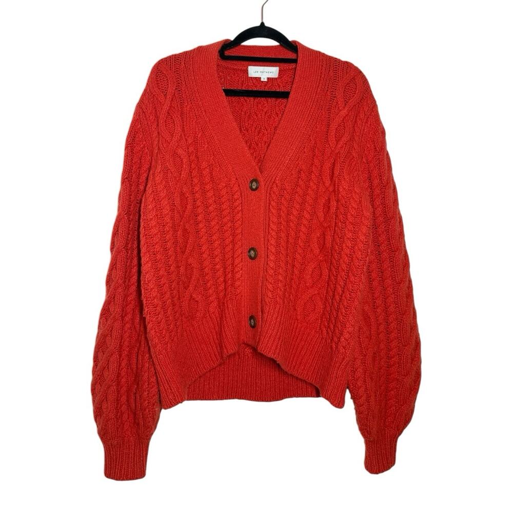Lee Mathews Red Orange Lambswool Blend Stanford Cable Knit Cardigan Medium $510
